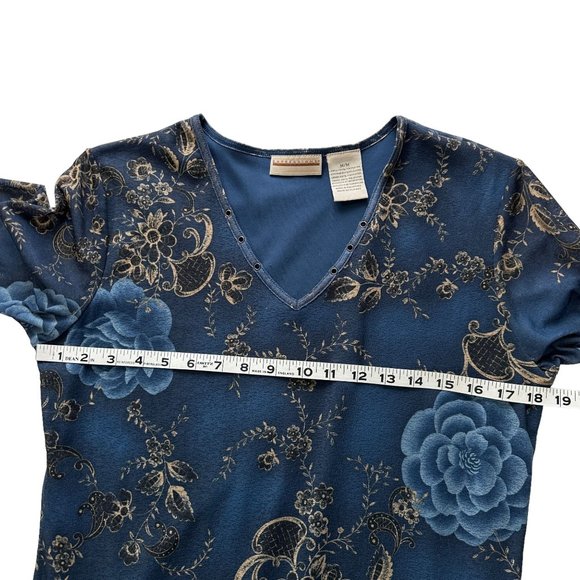 Vintage Y2K 90s Expressions MEDIUM Blue Floral Lettuce Hem V-Neck Midi Dress - Picture 9 of 11